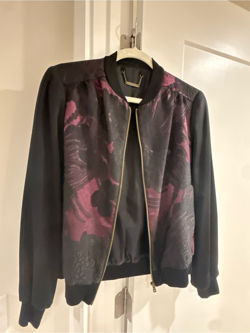 Trina Turk Black Bomber Jacket with Plum Floral Panels